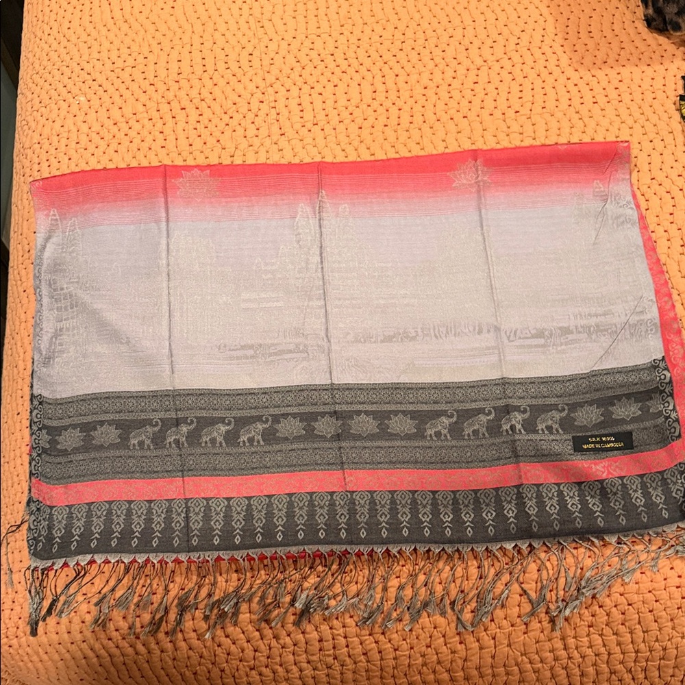 Cambodian Silk Scarf with Angkor Wat, Lotus and elephants~ 100% Cambodian Silk